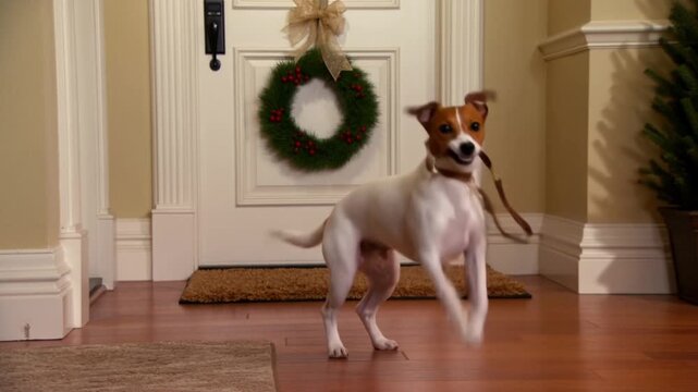 A jack russell terrier with a new leash in its mouth jumps by the front door, conveying excitement for a winter walk.
