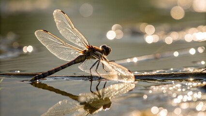 Macro of a dragonfly resting on water, its wings reflected like glass, sunlight scattering off surface tension lines, cinematic focus
