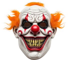 A scary clown mask with red and white colors and orange hair on a white background.