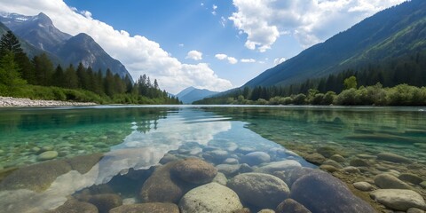 Crystal-clear mountain spring where the underwater stones and sky reflection merge seamlessly, dual worlds of air and water, surreal realism