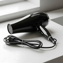 Black Hair Dryer on White Surface - A Sleek Styling Tool.