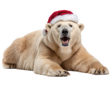 Happy and cute polar bear animal wearing red santa hat for christmas holiday celebration. This funny winter festive mammal isolated on background for design