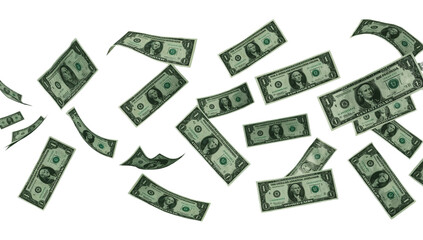 Dynamic shower of crisp American dollar bills dramatically falling through a pristine white background, symbolizing financial abundance, unexpected income, or economic flow