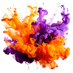 Obraz premium Vibrant, swirling orange and purple paint explosions against a black background, forming clouds