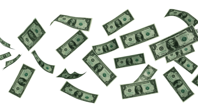 Dynamic shower of crisp American dollar bills dramatically falling through a pristine white background, symbolizing financial abundance, unexpected income, or economic flow