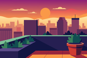 Cityscape view from rooftop garden at sunset time