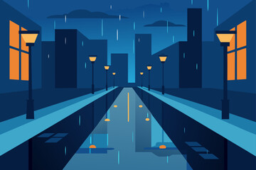 City street view at night with rain and streetlights