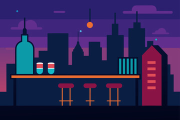 City skyline with bar stools and bottle illustration