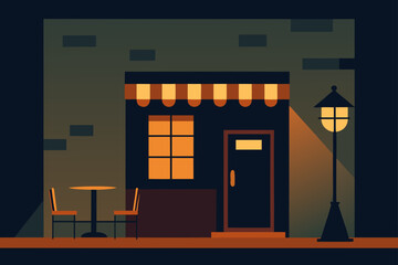 Illustration of a cafe at night with street lamp