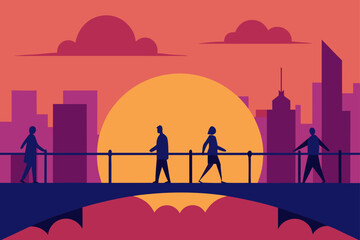 Silhouetted people walking on a bridge at sunset