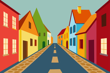 Colorful buildings line a street in perspective view