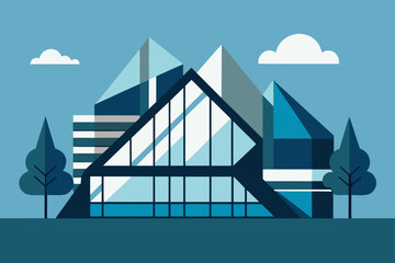 Modern building with mountains and trees illustration