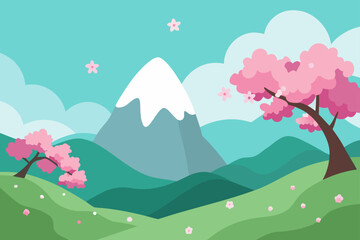 Cartoon landscape with mountain and cherry blossoms