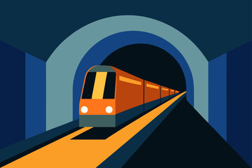 Train entering a tunnel with light on the tracks