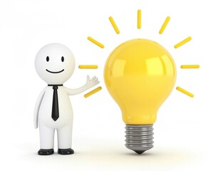 Creative 3D Render White Human Figure Pointing at Bright Idea Light Bulb on White Background