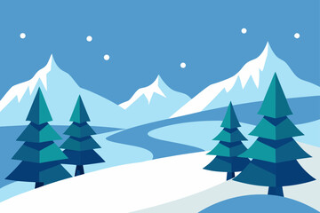 Winter landscape with mountains and evergreen trees