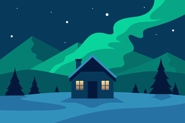 Illustration of house under aurora borealis at night