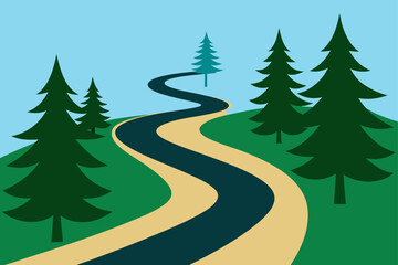 Illustration of a winding road through a forest area