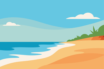 A scenic beach landscape with blue sky and clouds