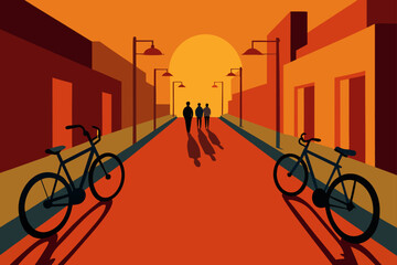Street scene with bicycles and people at sunset time