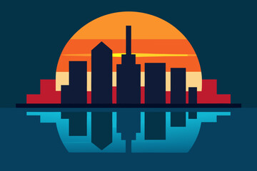 City skyline silhouette with sunset and reflection