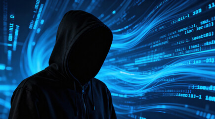 A hooded figure against a backdrop of binary code, symbolizing cyber security and digital threats.