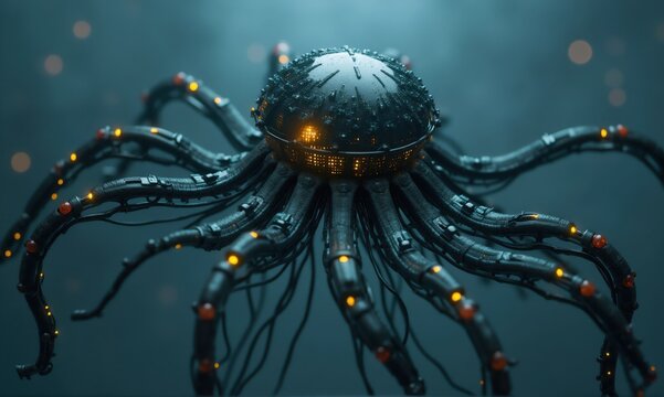 Futuristic alien octopus robot floating in dark space with glowing lights