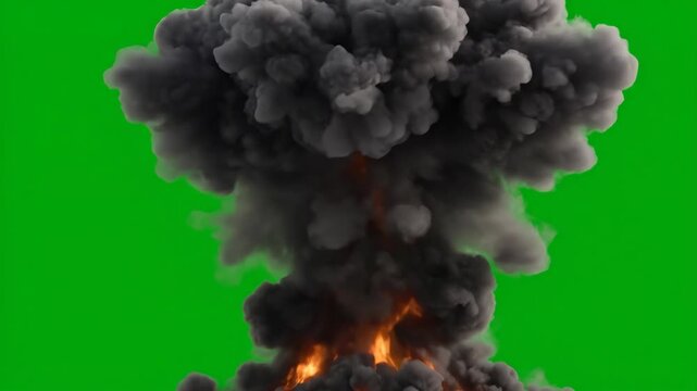 Nuclear missile warhead detonation. Powerful explosion with fire and smoke column rising on chroma key green screen background. Danger concept.
