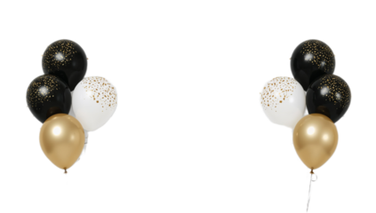 Golden, black, and white balloons arranged in two festive clusters against a white background, perfect for celebrations