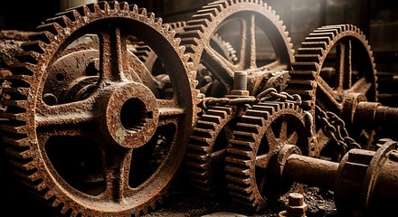 Obraz premium Rusty Gears - A Close-Up of Industrial Decay and Mechanical Relics.
