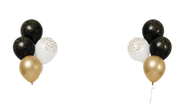 Golden, black, and white balloons arranged in two festive clusters against a white background, perfect for celebrations