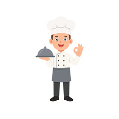 Cute young male chef cartoon character holding serving dish and making OK hand gesture in flat design style