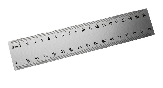 A metal ruler with metric measurements on a white background.