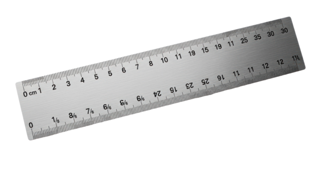 A metal ruler with metric measurements on a white background.