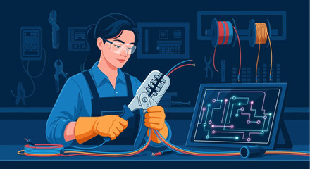 Dedicated female electrician working on complex wiring project with precision and care