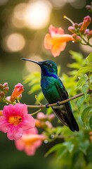 Vibrant Hummingbird Perched Among Trumpet Vine Flowers in Natural Light.