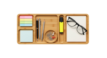 A wooden desk organizer with pens, pencils, sticky notes, and a pair of glasses on a white background.