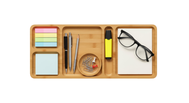 A wooden desk organizer with pens, pencils, sticky notes, and a pair of glasses on a white background.