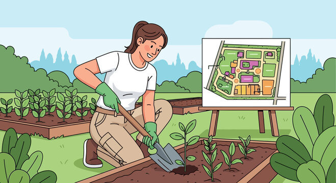 Urban gardening initiative: A woman planting seedlings with a site plan in the background