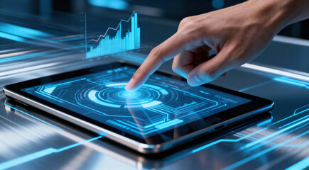 A hand touches a digital tablet with a high-tech interface, featuring blue light and graph, representing modern technology interaction.