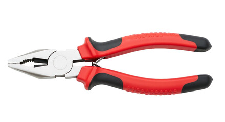Fototapeta premium A pair of red-handled pliers with black grips on a white background.