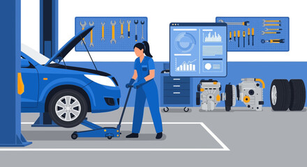 Illustrative Scene of a Female Mechanic Servicing a Car in a Modern Garage Setting