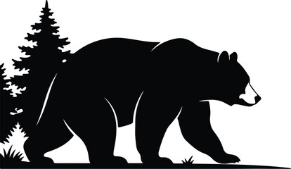 Vector silhouette of a bear walking near a pine tree illustration