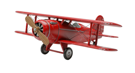A red biplane model on a white background.