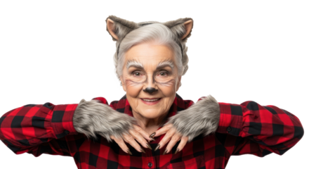 An elderly woman with gray hair and cat ears, wearing a red and black checkered shirt, poses with her arms crossed in front of her chest.
