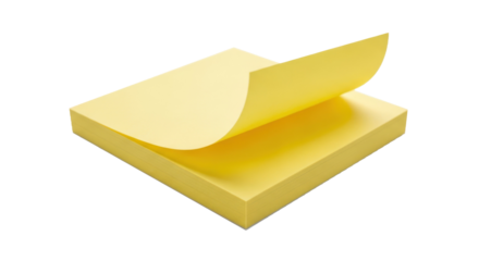 A yellow sticky note pad with one sticky note partially peeled off.