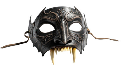 A black and gold Venetian mask with intricate designs and a fierce expression.