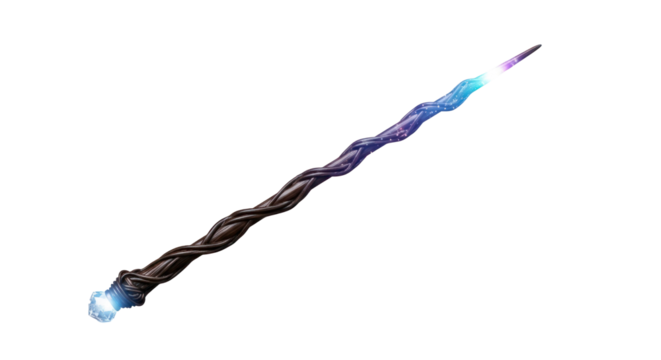 A wizard's staff with a glowing blue and purple tip and a dark brown handle, with a spiral design on the shaft.