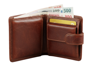 A brown leather wallet with various cards and cash inside.
