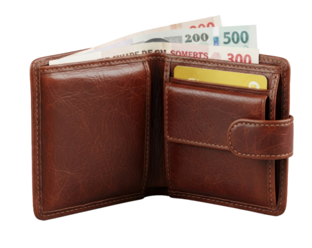 A brown leather wallet with various cards and cash inside.